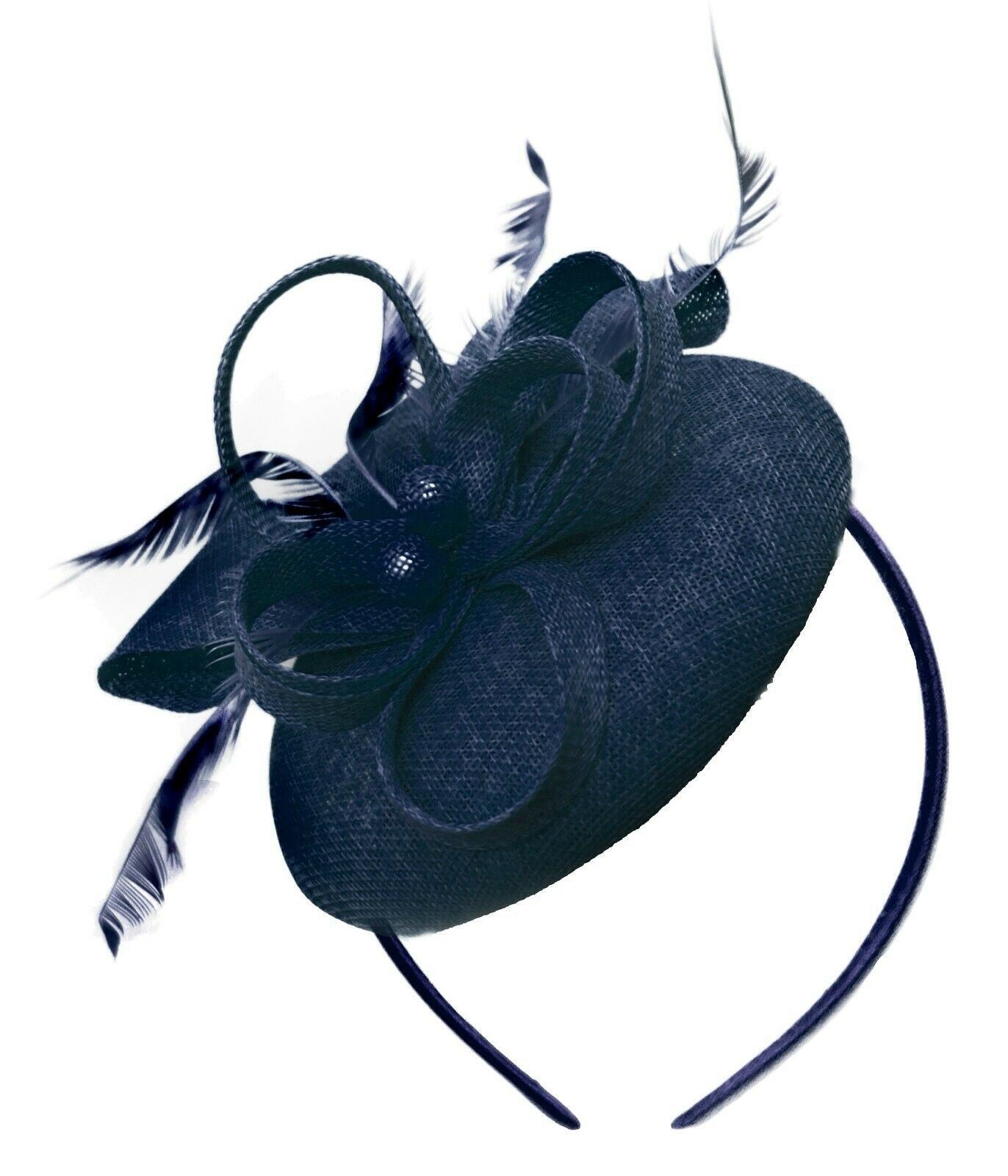 Navy Blue Round Pillbox Bow Sinamay Headband Fascinator Weddings Ascot Hatinator Races