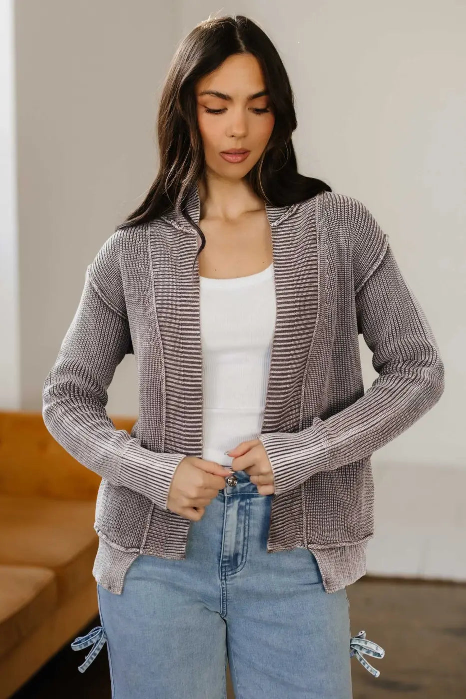 Stonewash Patchwork Knit Open Cardigan Women UK
