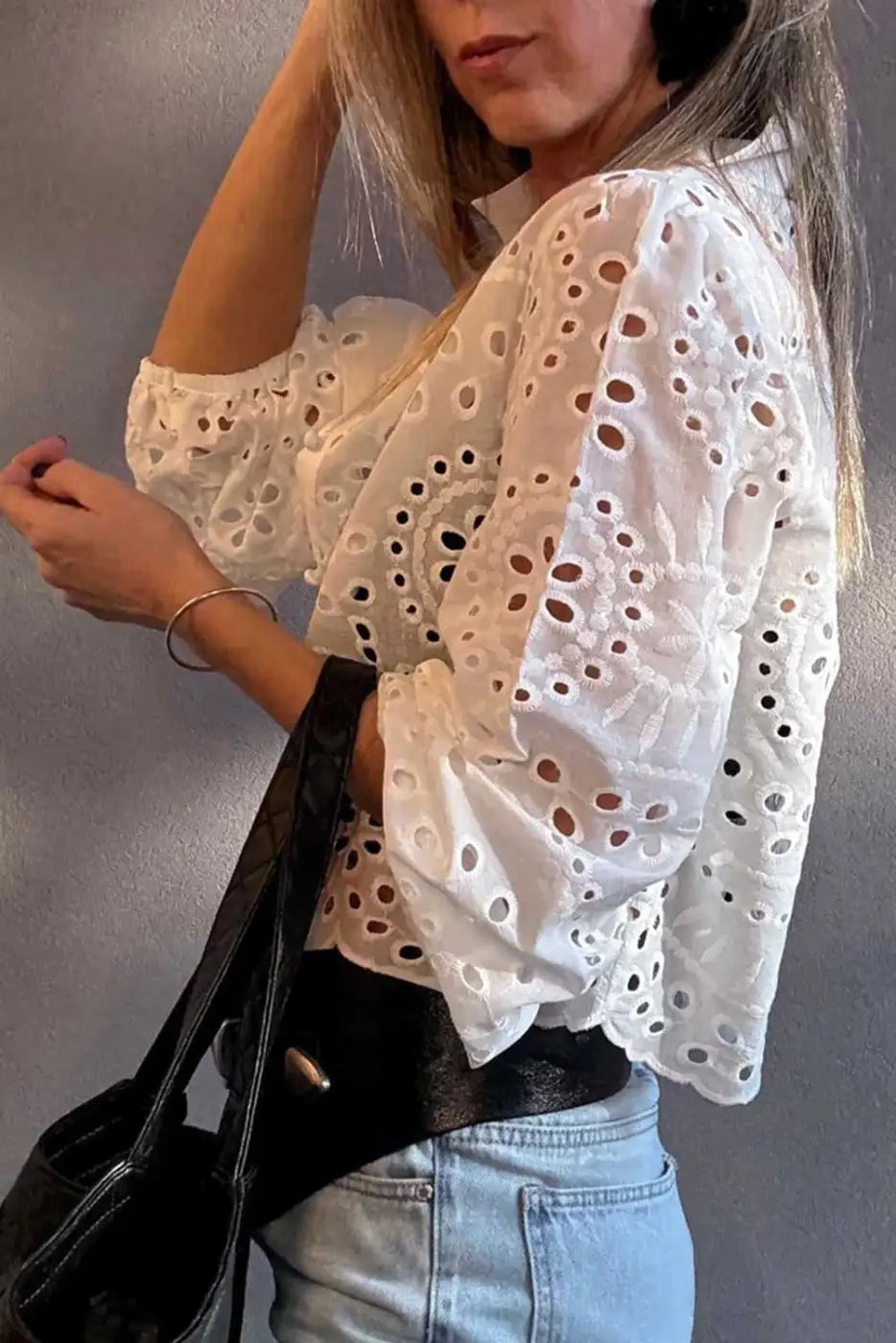 Women's White Cutwork Embroidered Puff Sleeve Crop Top