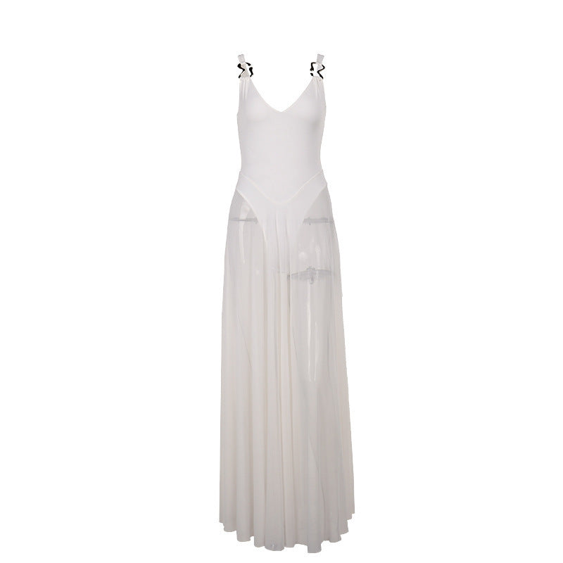 Women's Solid-Color Elegant Resort Bodycon Mesh A-Line Dress