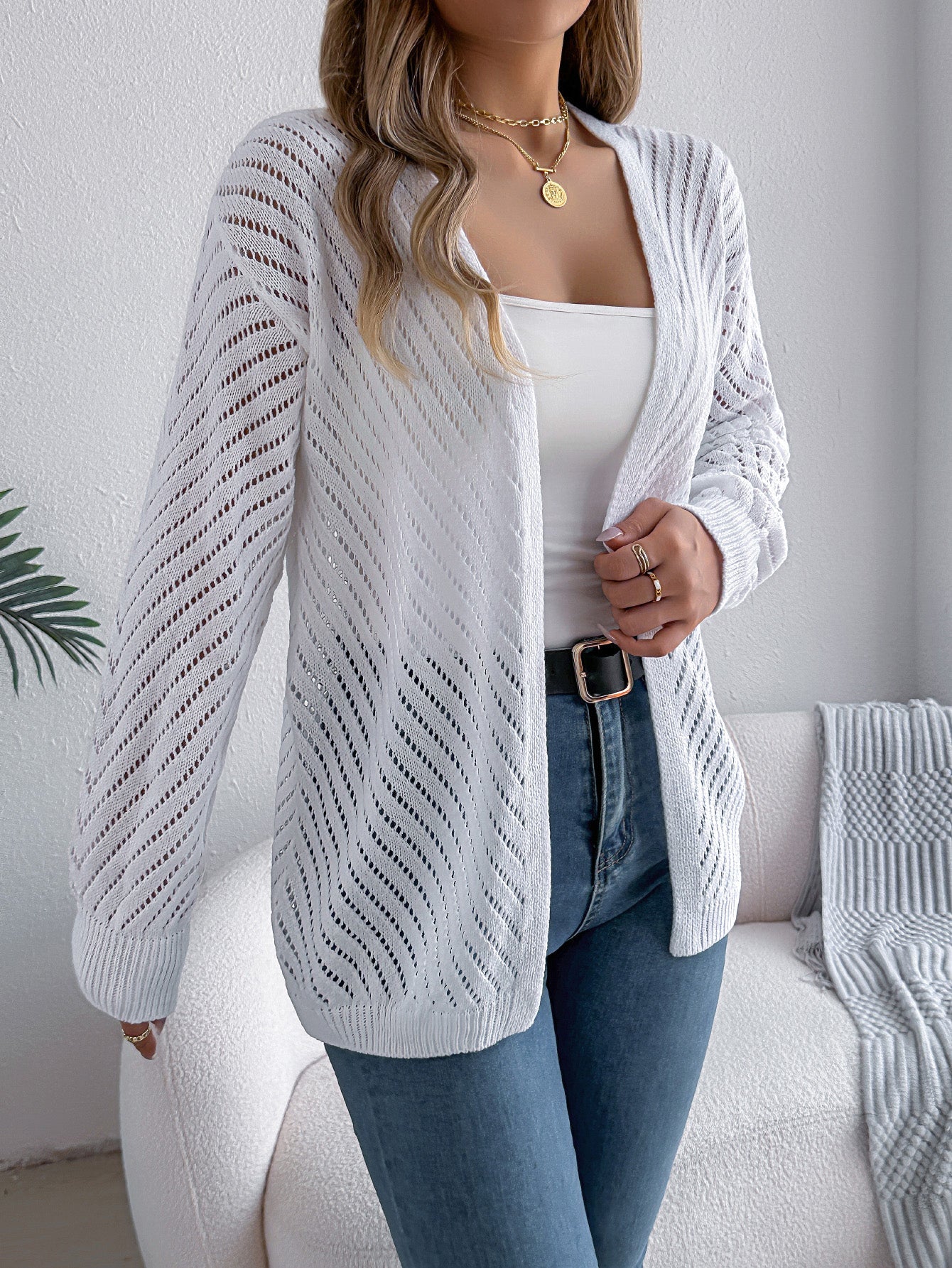Women Casual Solid Color Hollow Out Long Sleeve Cardigan Sweater