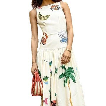 Sleeveless Off-neck Printed Backless Dress