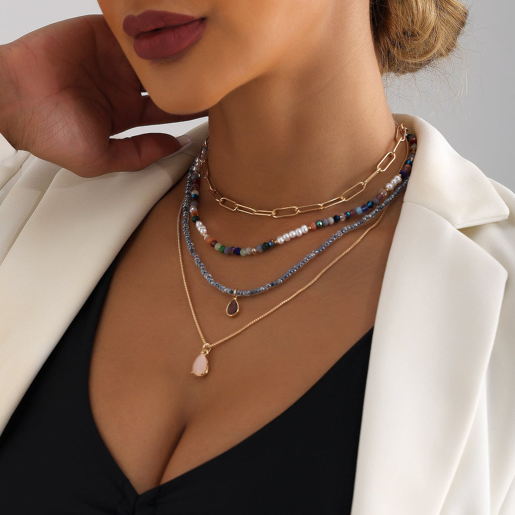 Bohemian Contrast Color Rice-shaped Beads Stringed Beads Multi-layer Necklace