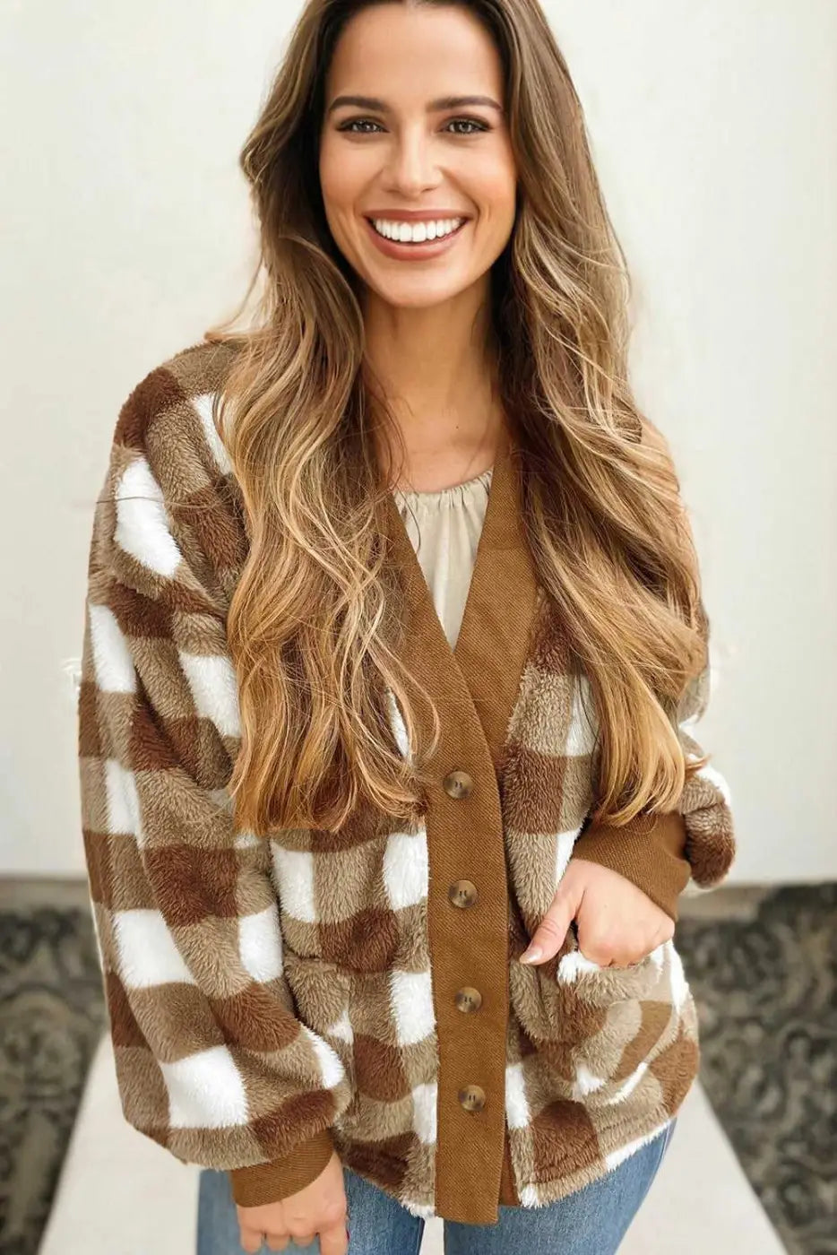 Brown Gingham Check Sherpa Cardigan V-Neck Button Down Banded Hem