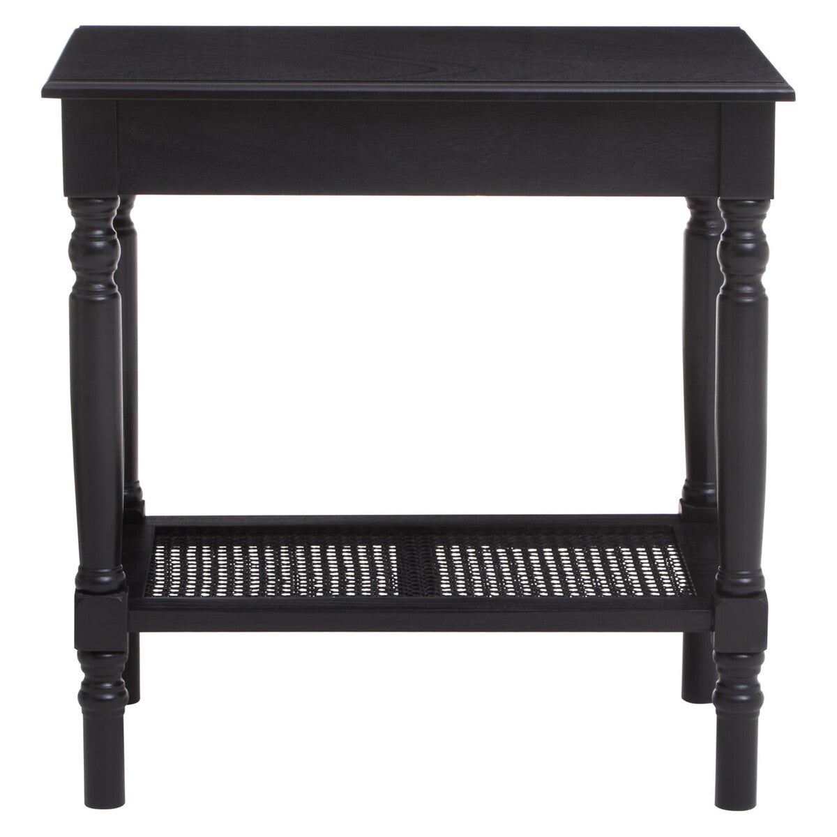 Antique Black Wooden Side Table with Cane Webbing Detail and Carved Spindle Legs | Heritage