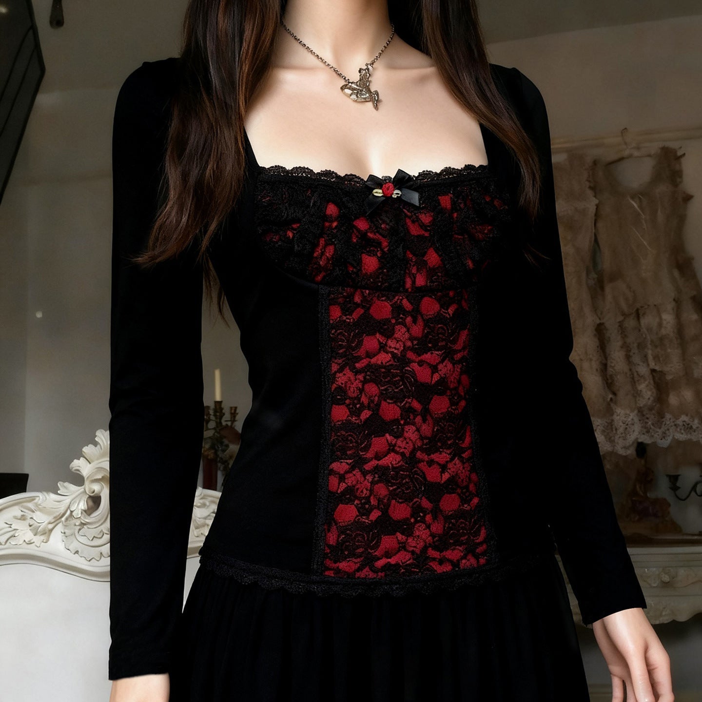 Lace-embellished Long-sleeve Blouse With Ruffled Trim