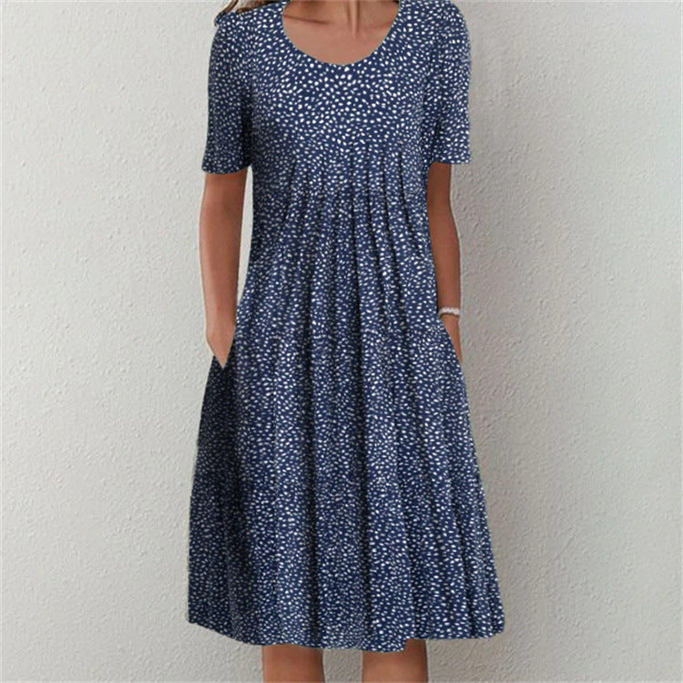 Spring And Summer Polka Dot Printed Round Neck Dress For Women