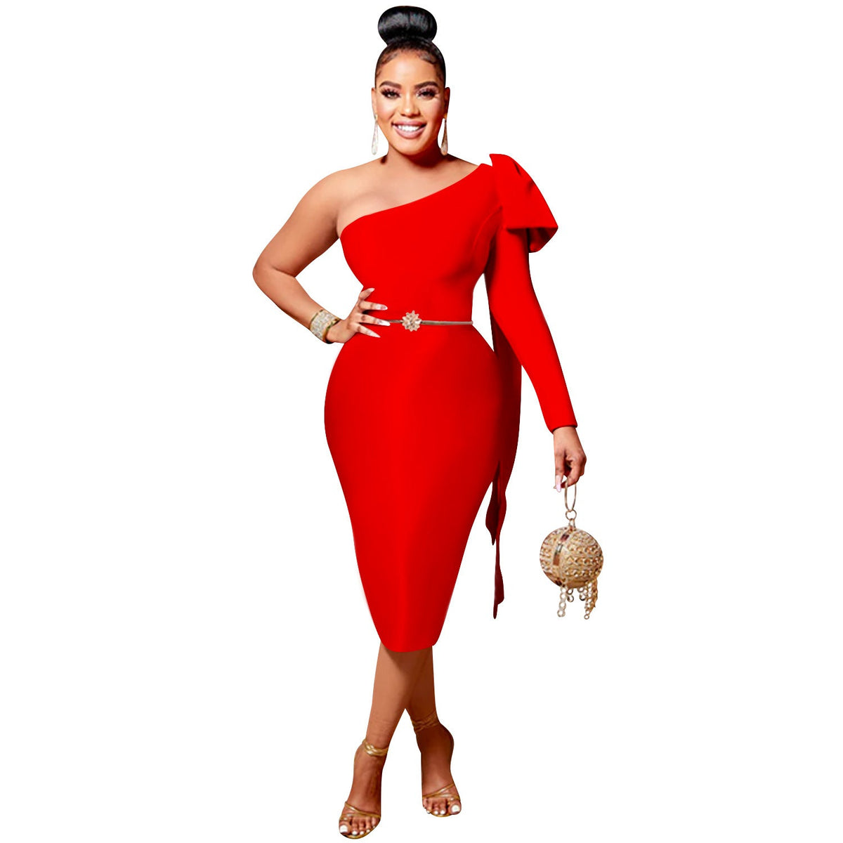 Women's Fashion Slash Neck Single Long Sleeve Dress