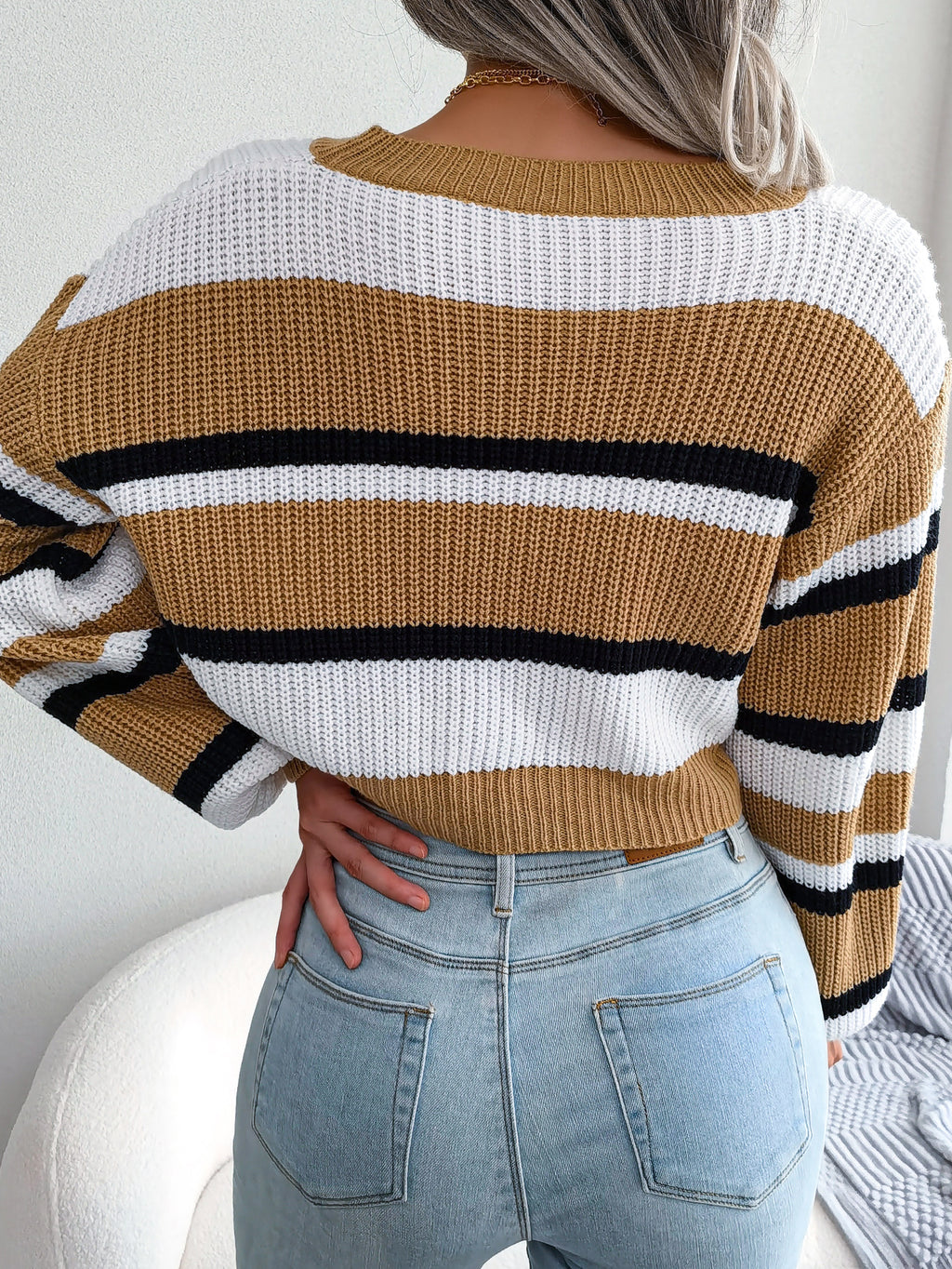 Casual Striped Long Sleeve Cropped Knit Sweater