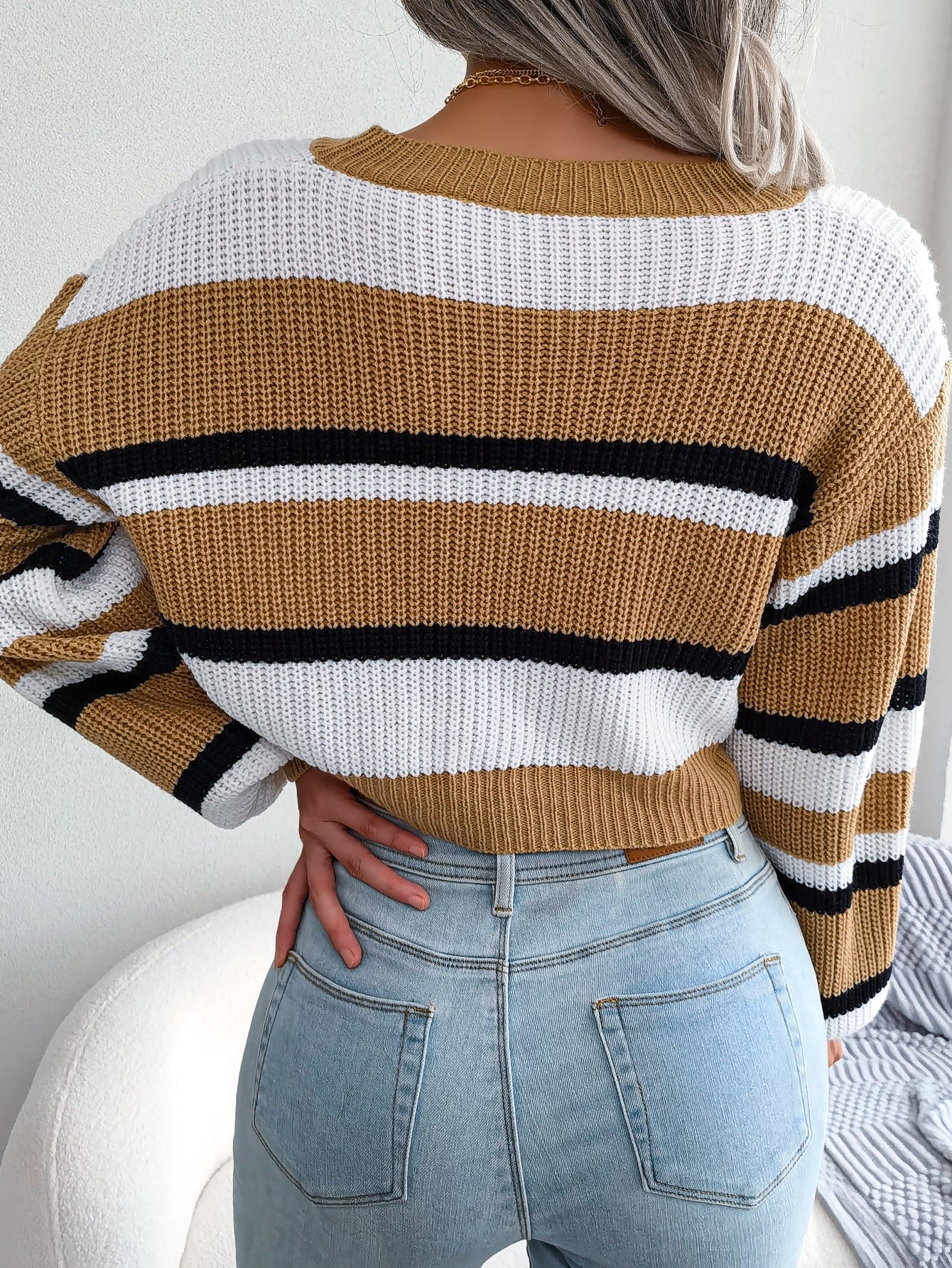Casual Striped Long Sleeve Cropped Knit Sweater