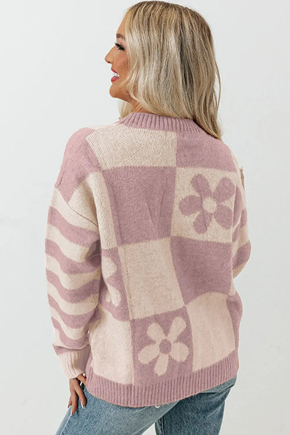 Checkered Floral Print Striped Sleeve Sweater Women UK