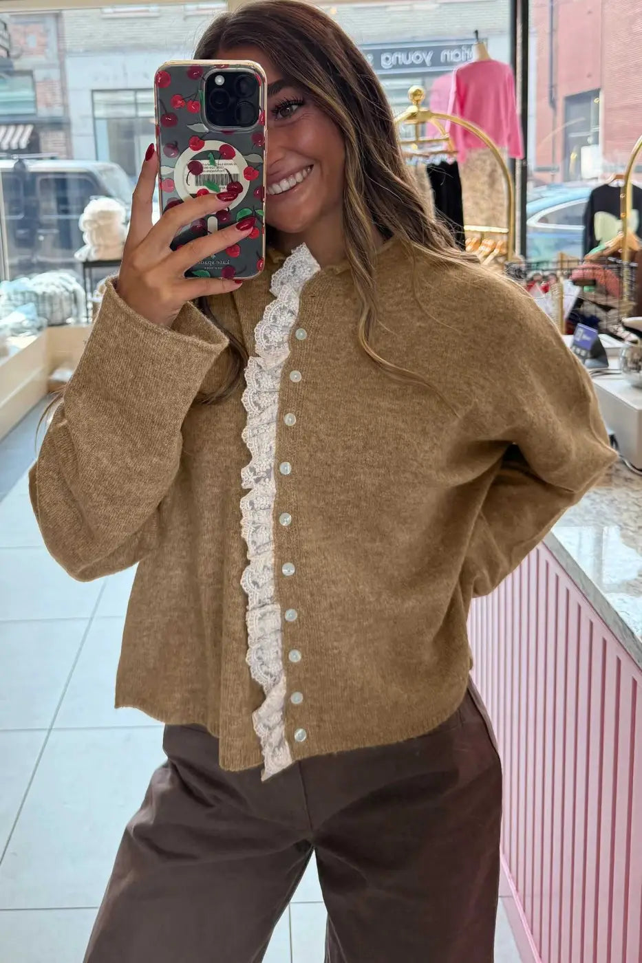 Taupe Lace Trim Loose Cardigan Women UK