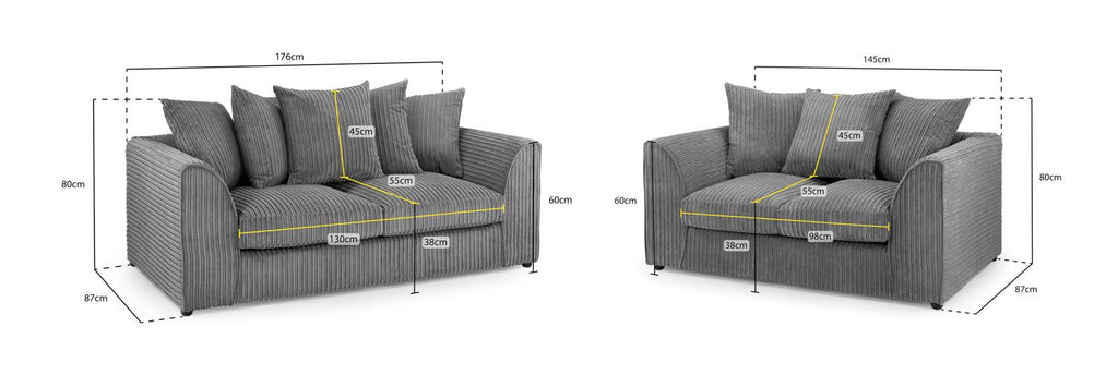 Harley Jumbo Cord Grey 3+2 Sofa Set: Removable Cushions, Wood Frame