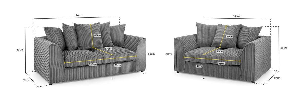 Harley Jumbo Cord Grey 3+2 Sofa Set: Removable Cushions, Wood Frame