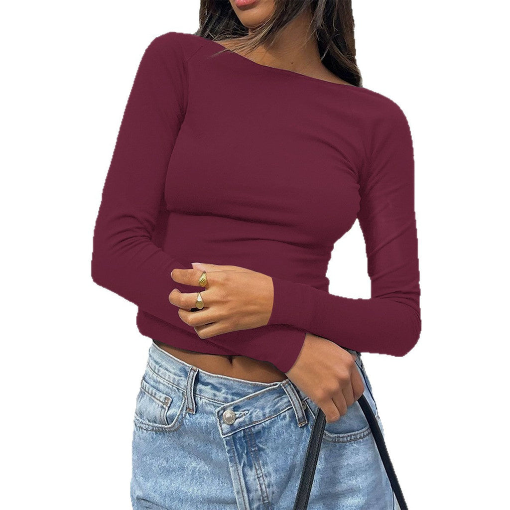 Chic Slim-fit Long-sleeve Solid-color Base T-shirt For Women