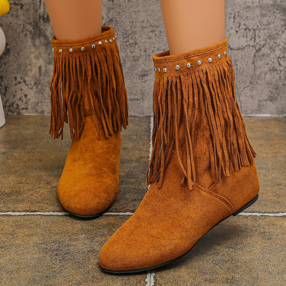 Plus Size Studded Suede Tassel Boots For Women