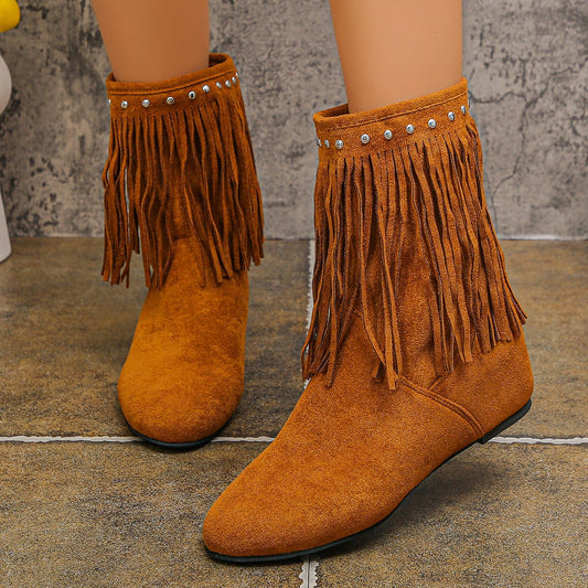 Plus Size Studded Suede Tassel Boots For Women