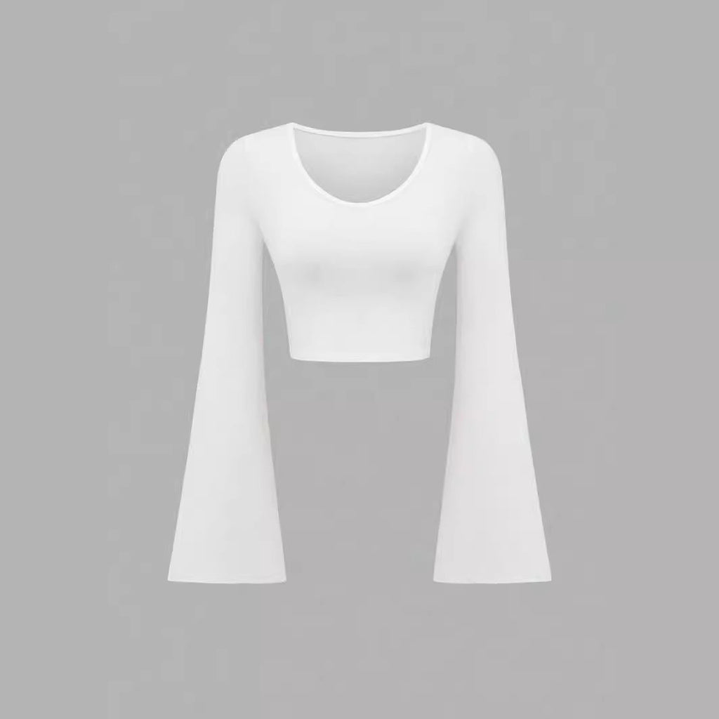 Fashion Solid Color Scoop Bell Sleeve Short Slim Fit Slimming T-shirt