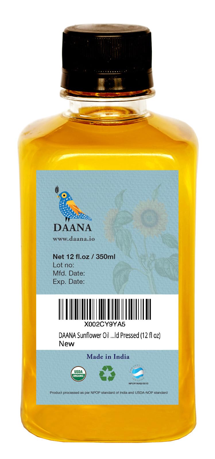 DAANA Sunflower Oil for Skin — USDA Organic, Extra Virgin, Cold-Pressed, 12 oz