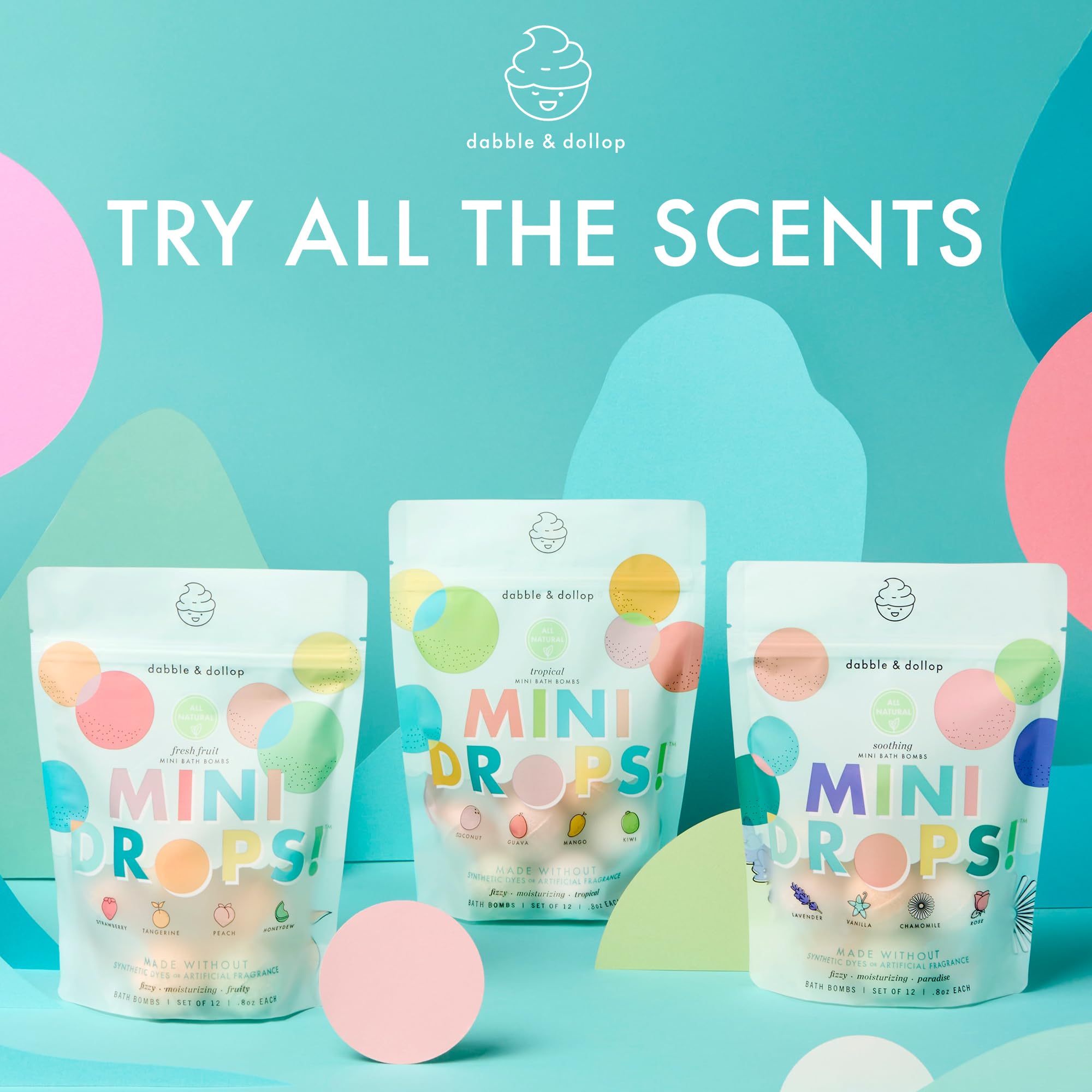 Dabble & Dollop Mini Bath Bombs Variety Pack – 36 Natural Kid’s Droplets, Resealable Pouches, Vegan & Cruelty-Free