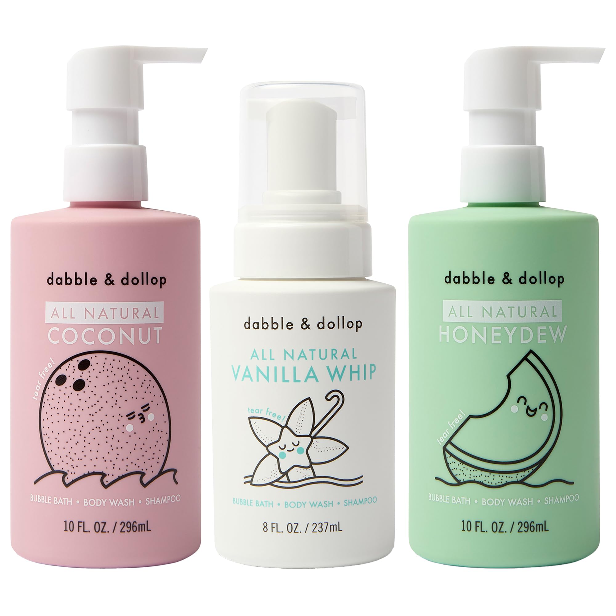 Beachy Bundle by Dabble & Dollop – Natural 3-in-1 Kids Bath Set (Honeydew Melon, Vanilla & Coconut) | Tear-Free, Vegan & Paraben Free