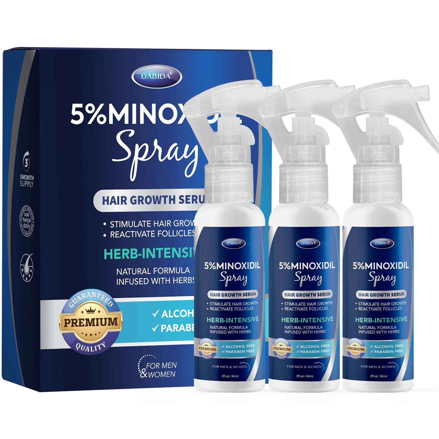 DABIDA 5% Minoxidil Spray for Men & Women – Hair Growth & Beard Growth, 3x60ml