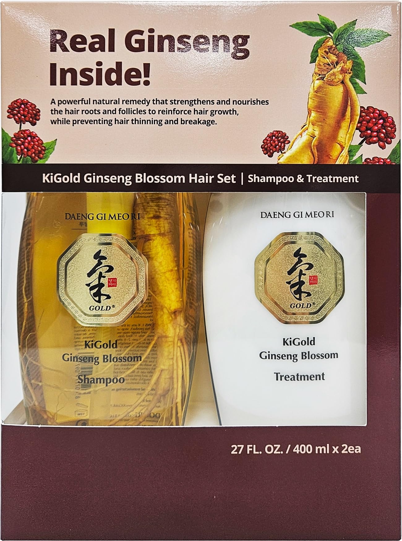 Daeng Gi Meo Ri Ki Gold Ginseng Blossom Hair Set - Shampoo and Treatment (400 ml each)