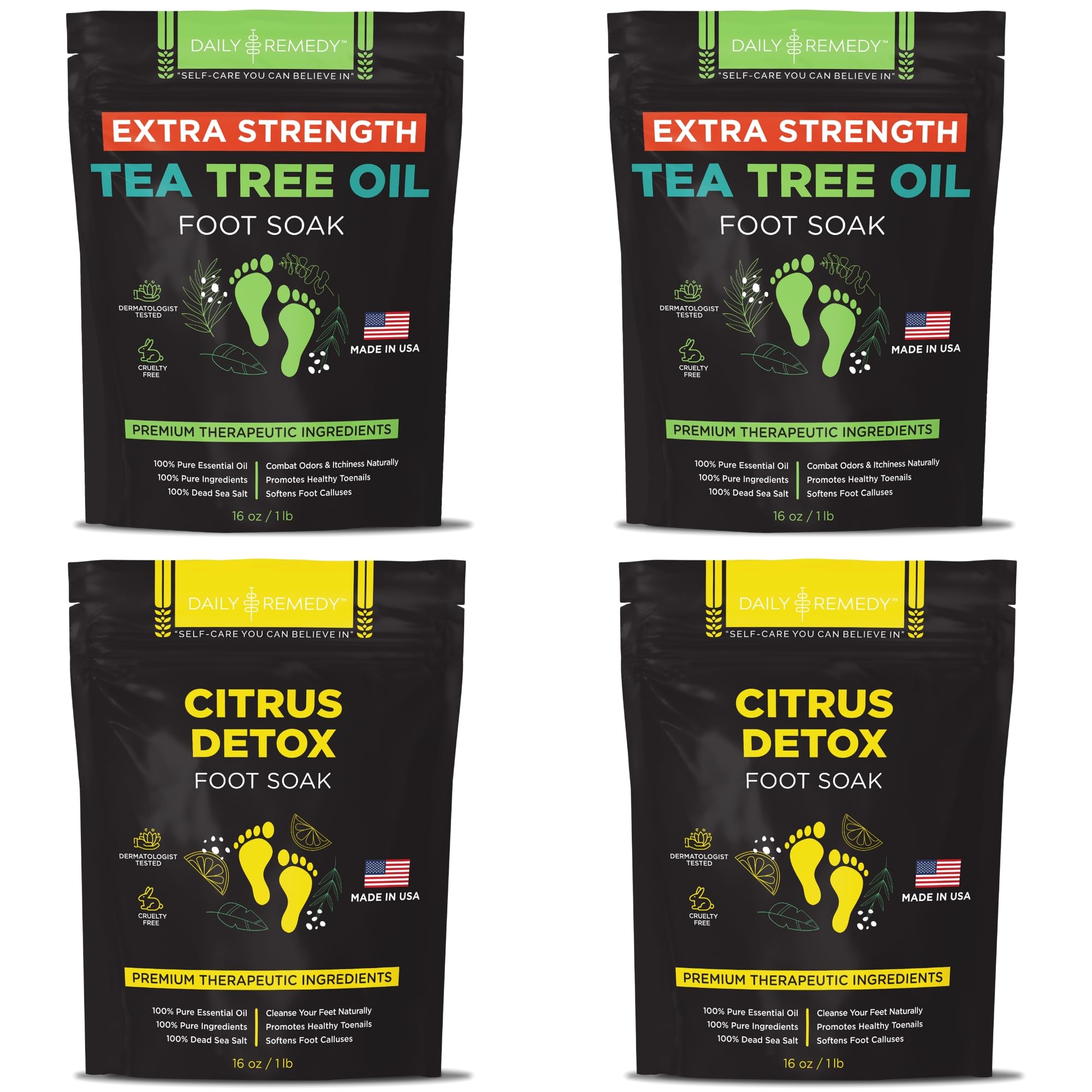 DAILY REMEDY 4-Pack Foot Soak Set – Extra Strength Tea Tree Oil & Citrus Detox | Made in USA