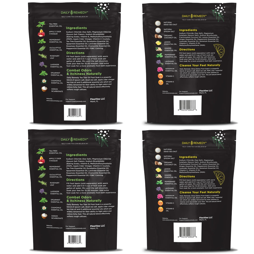 DAILY REMEDY 4-Pack Foot Soak Set – Extra Strength Tea Tree Oil & Citrus Detox | Made in USA