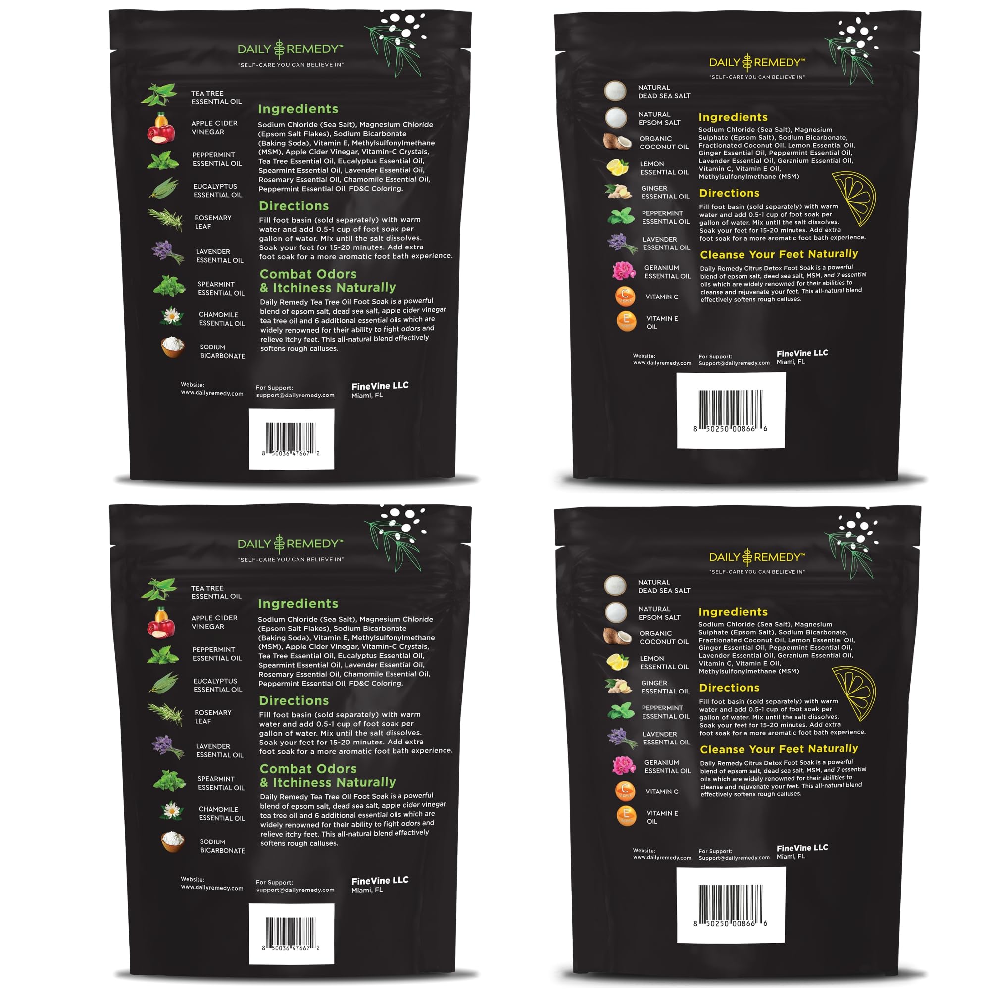 DAILY REMEDY 4-Pack Foot Soak Set – Extra Strength Tea Tree Oil & Citrus Detox | Made in USA