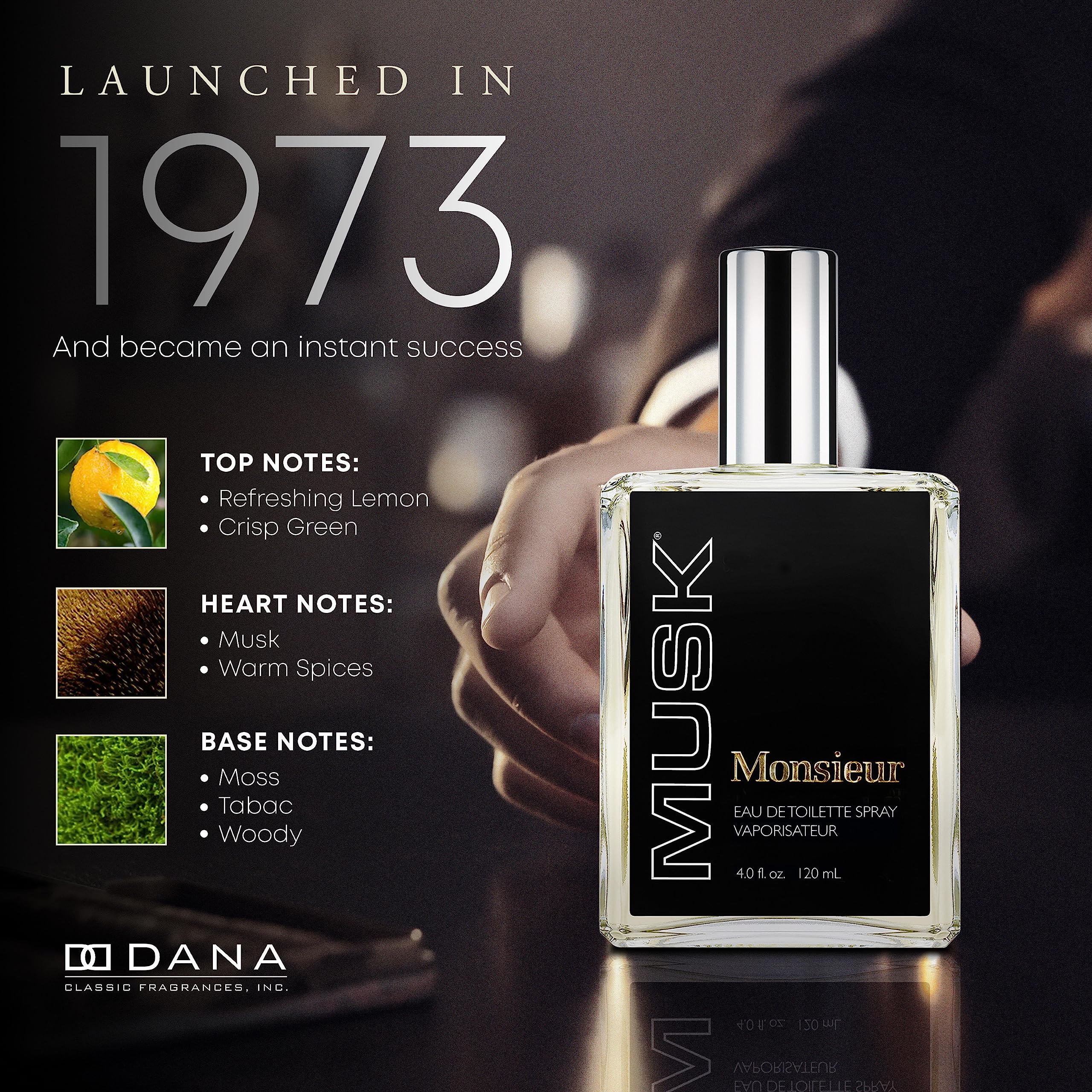 Dana Monsieur Musk EDT Spray for Men – 4 oz | Fresh Green Musk with Woody Spices