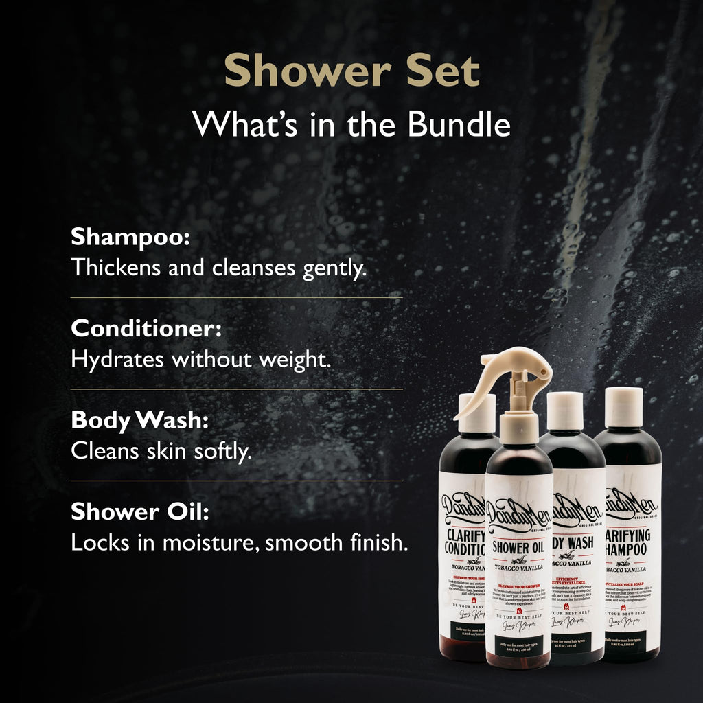 DandyMen Shower Set – Shampoo, Conditioner, Body Wash & Shower Oil | Tobacco Vanilla
