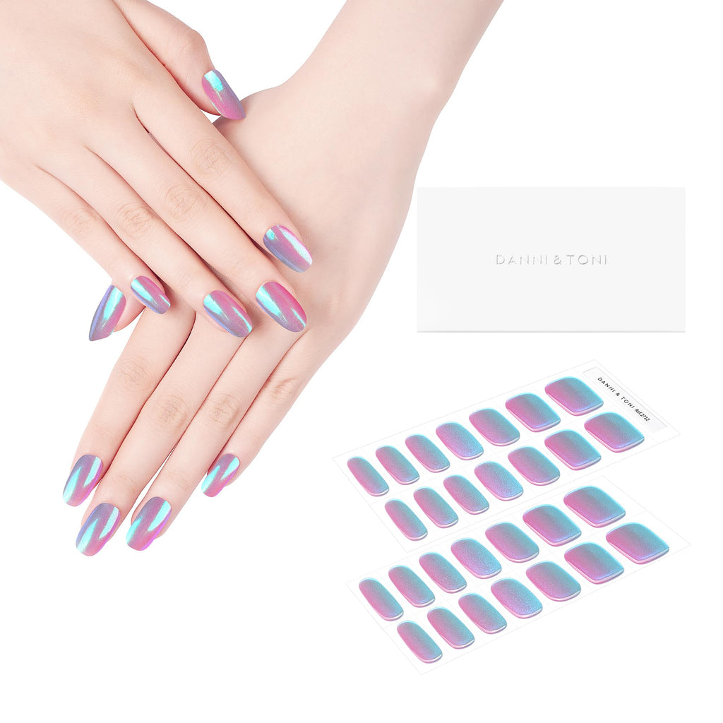 DANNI & TONI Chrome Dream Semi-Cured Gel Nail Strips – Holographic Aurora Nails, 28 Stickers