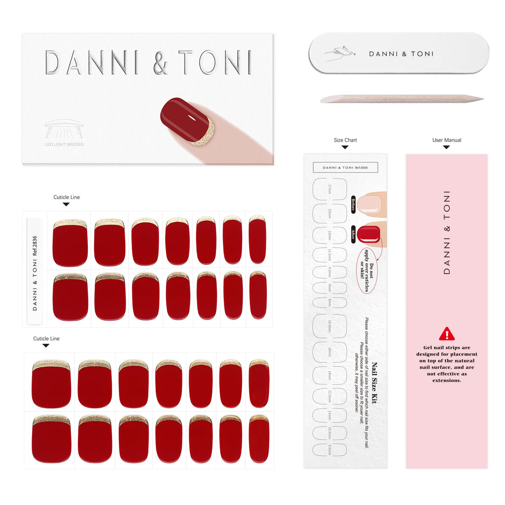 DANNI & TONI Scarlet Red Semi-Cured Gel Nail Strips – Gold Reverse French, 28 Stickers | Gilded Velvet