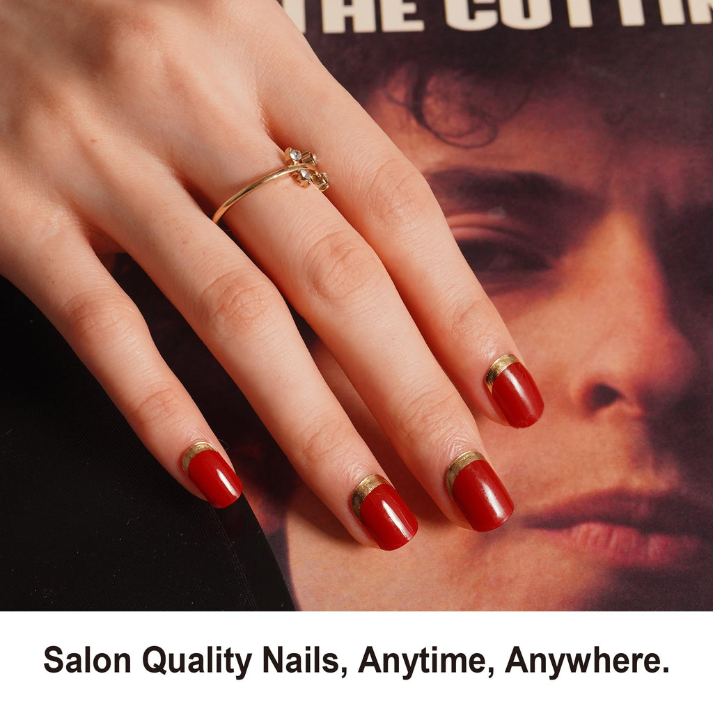DANNI & TONI Scarlet Red Semi-Cured Gel Nail Strips – Gold Reverse French, 28 Stickers | Gilded Velvet