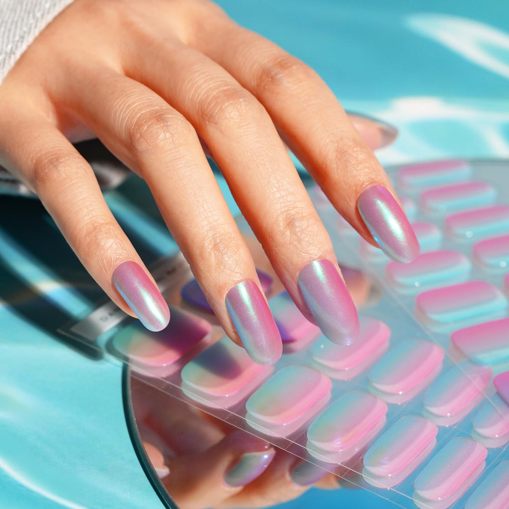 DANNI & TONI Chrome Dream Semi-Cured Gel Nail Strips – Holographic Aurora Nails, 28 Stickers