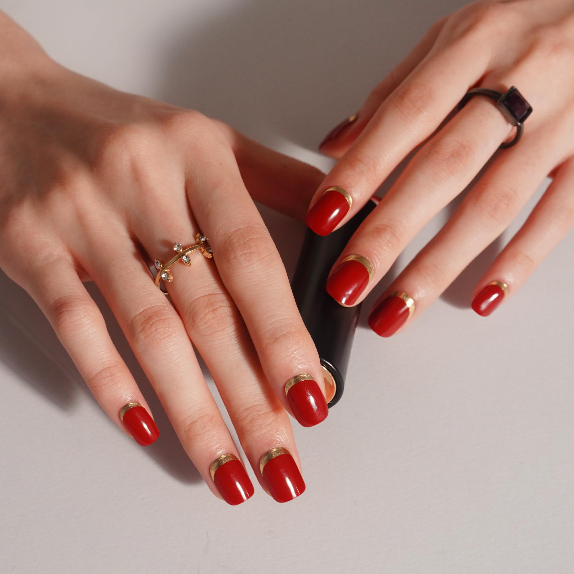 DANNI & TONI Scarlet Red Semi-Cured Gel Nail Strips – Gold Reverse French, 28 Stickers | Gilded Velvet