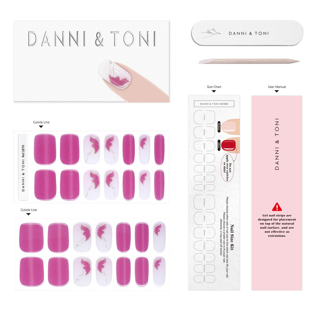 DANNI & TONI Semi-Cured Gel Nail Strips – Pink Cat Eye Butterfly Wraps (28 Sticks)
