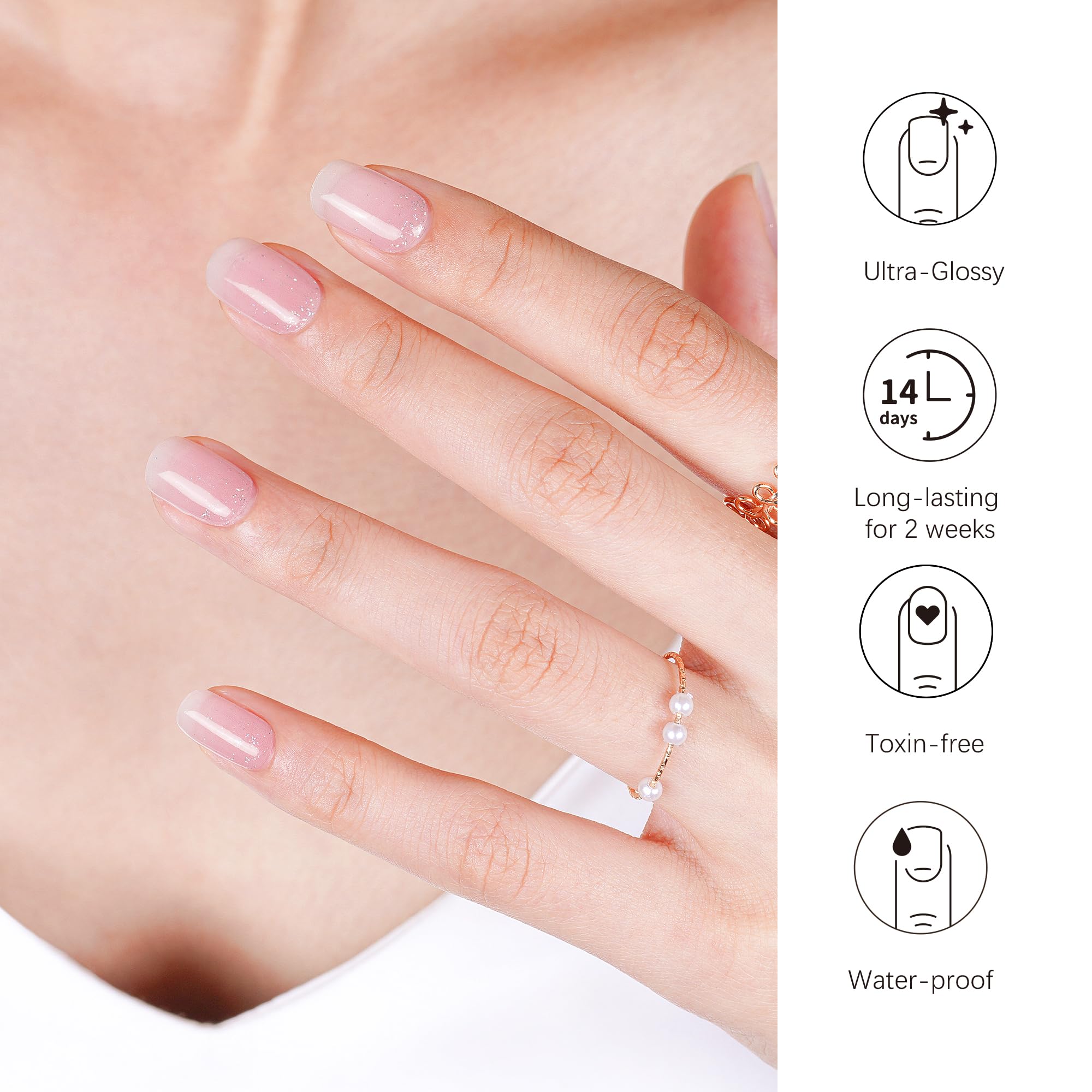 DANNI & TONI Semi-Cured Gel Nail Strips – Translucent Pink Ombre Glitter (In The Mood for Love) – 28 pcs