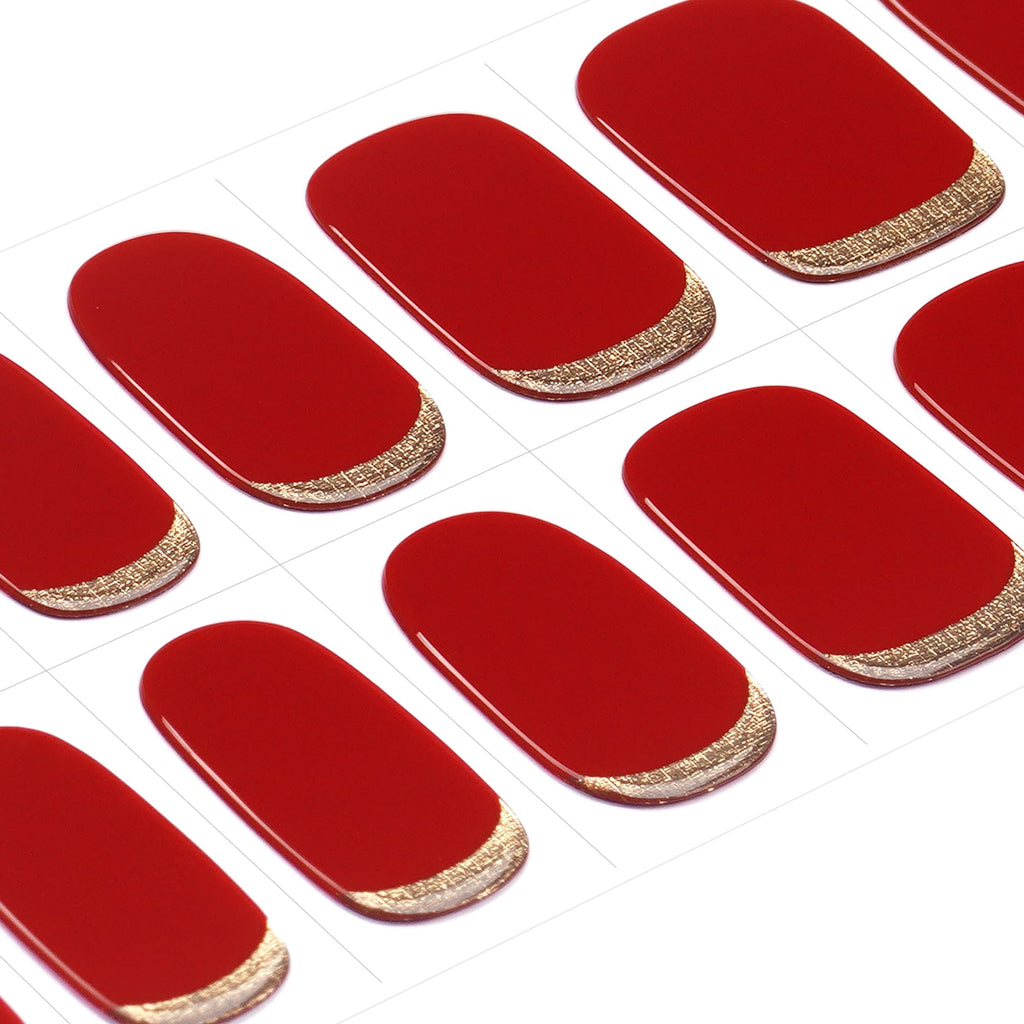 DANNI & TONI Scarlet Red Semi-Cured Gel Nail Strips – Gold Reverse French, 28 Stickers | Gilded Velvet