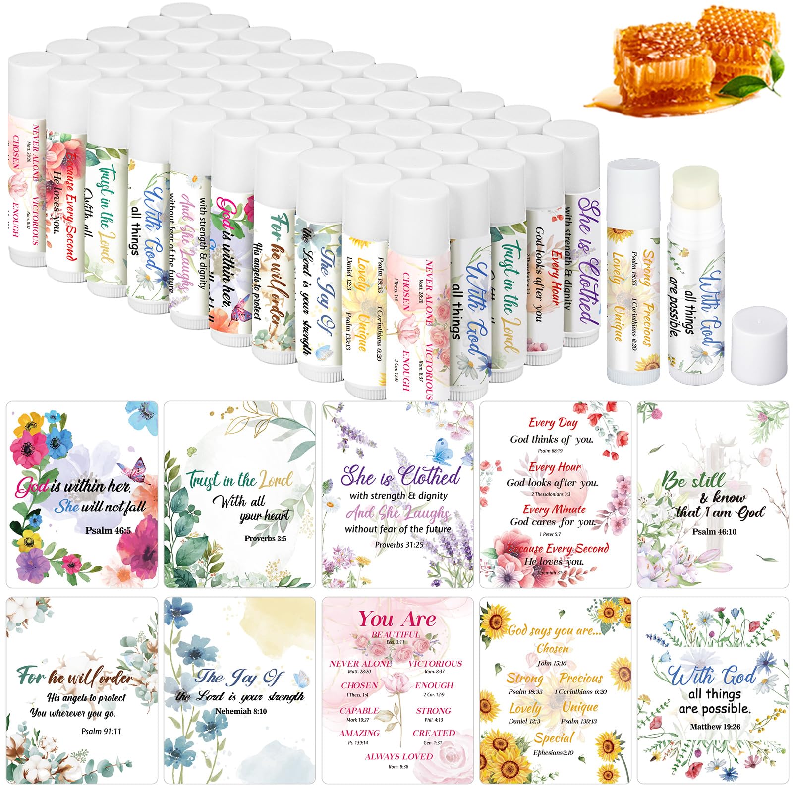 Dansib 50 Pcs Christian Lip Balm Set – Bible Verse Floral Gift Pack for Women & Men