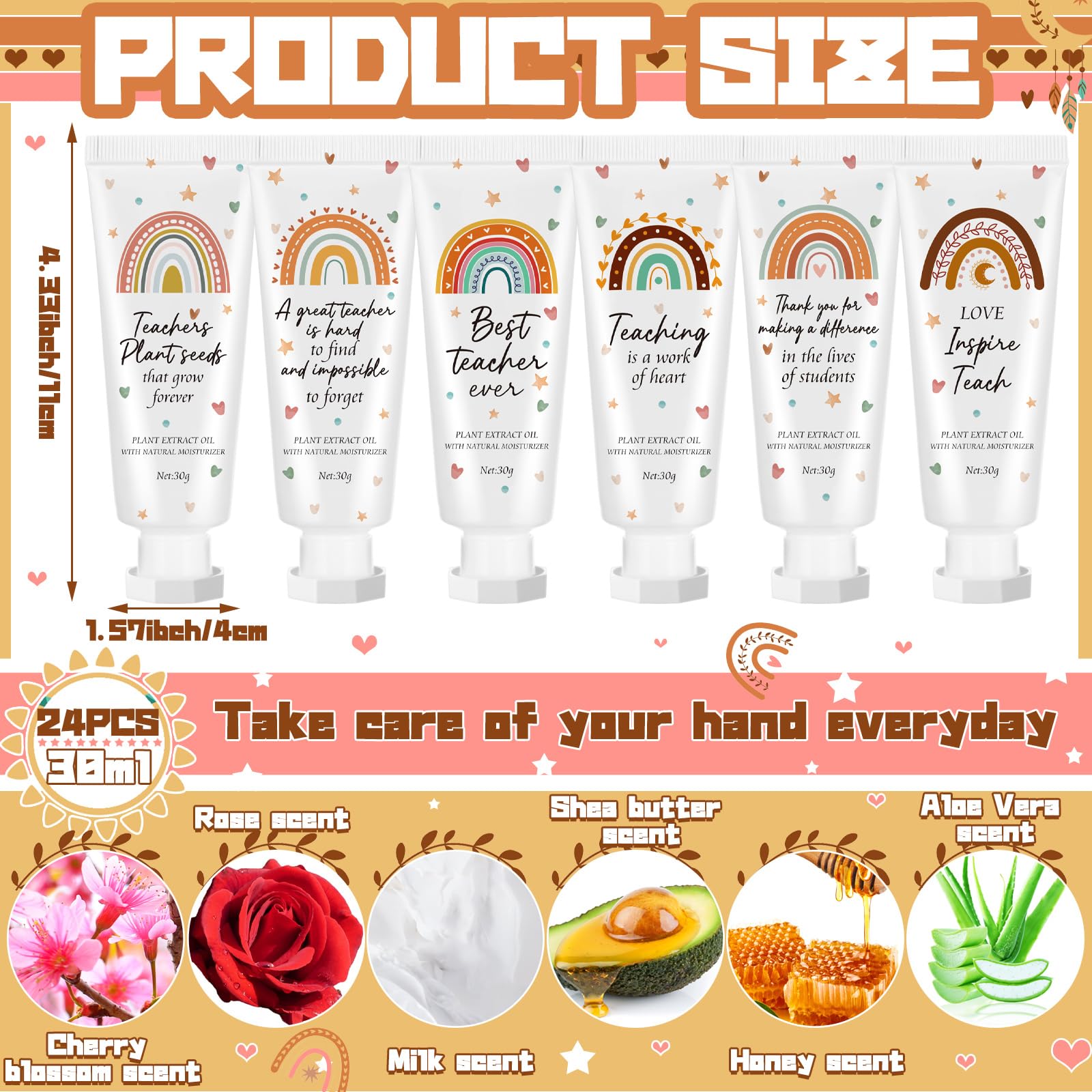 Dansib 24 Pcs Teacher Appreciation Hand Cream Gift Set – Boho Rainbow Travel-Size Moisturizing Lotion