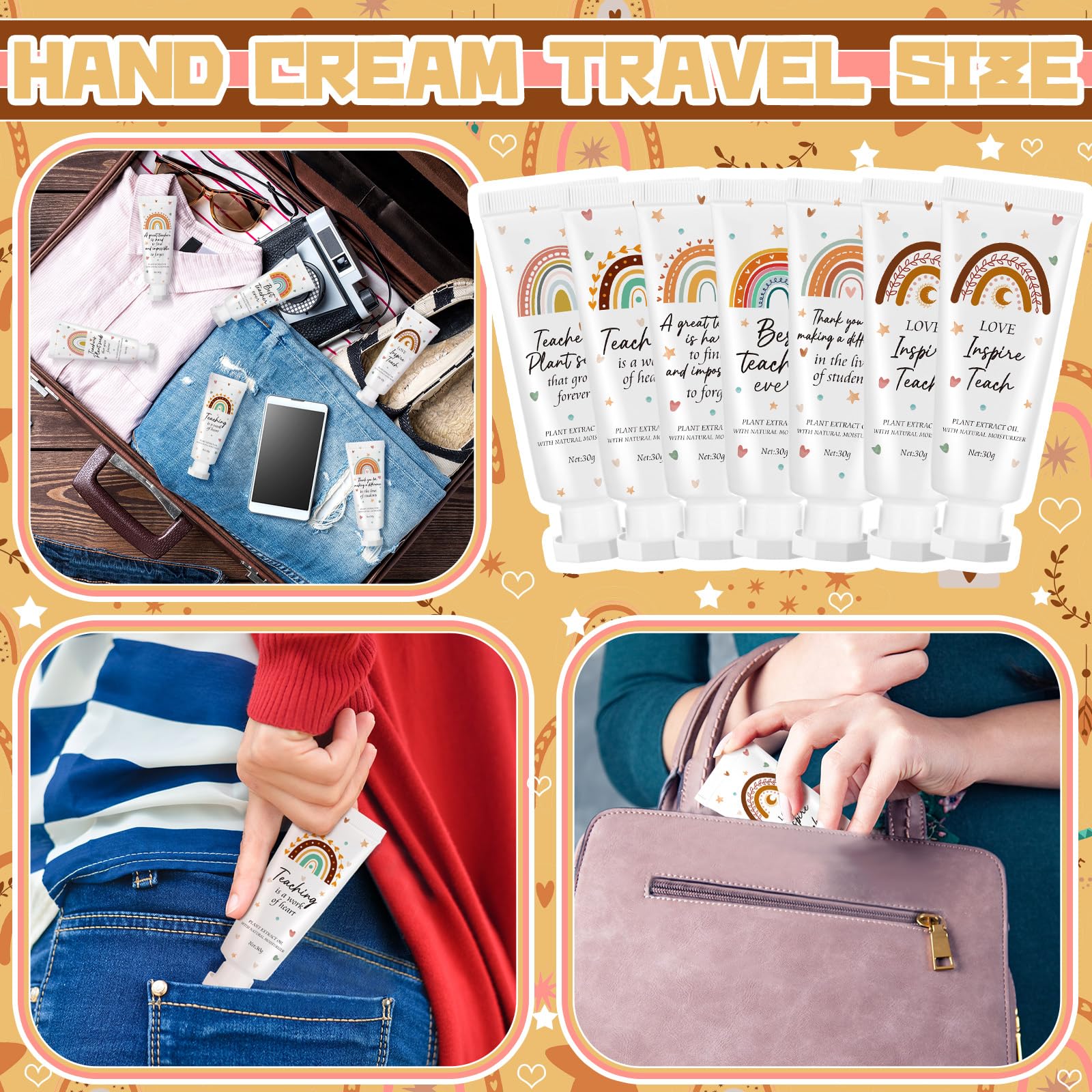 Dansib 24 Pcs Teacher Appreciation Hand Cream Gift Set – Boho Rainbow Travel-Size Moisturizing Lotion