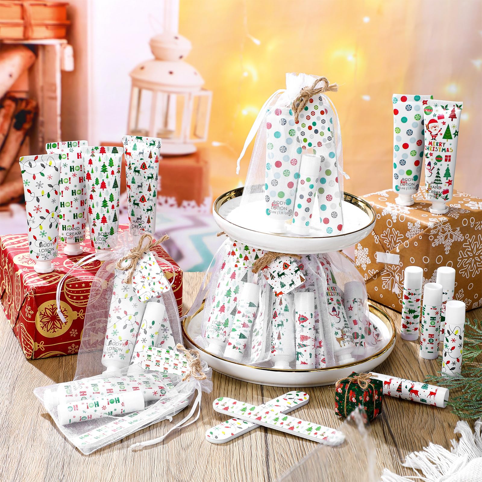 Dansib 24-Set Christmas Gift Favors — Hand Cream, Body Lotion, Lip Balm, Cards & Organza Bags