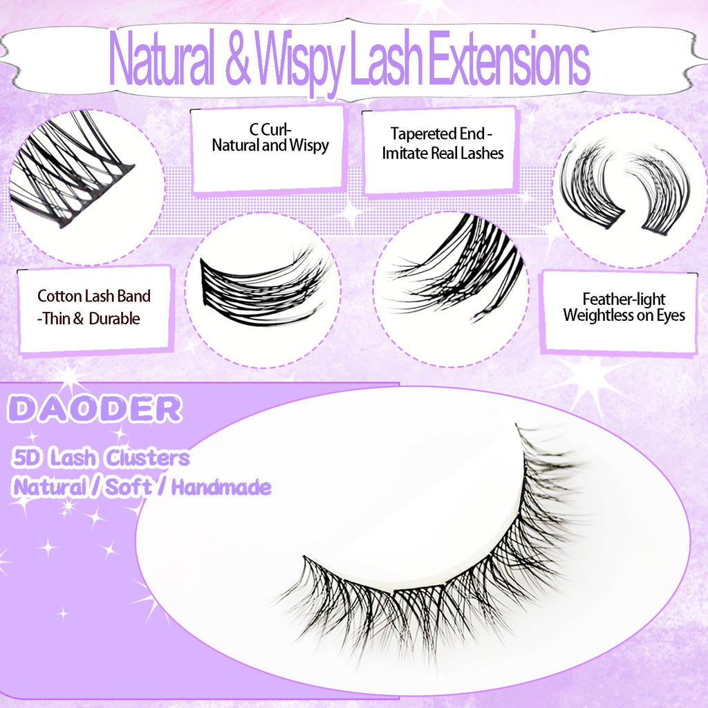 DAODER Wispy Lash Clusters Kit 5D 13mm — Short C Curl Lashes with Bond & Remover