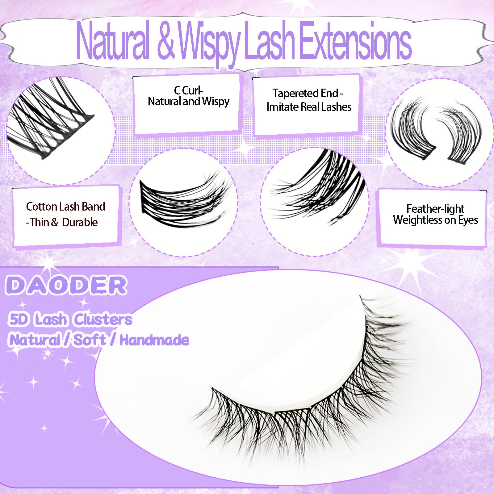 DAODER Wispy Lash Clusters Kit 5D 13mm — Short C Curl Lashes with Bond & Remover