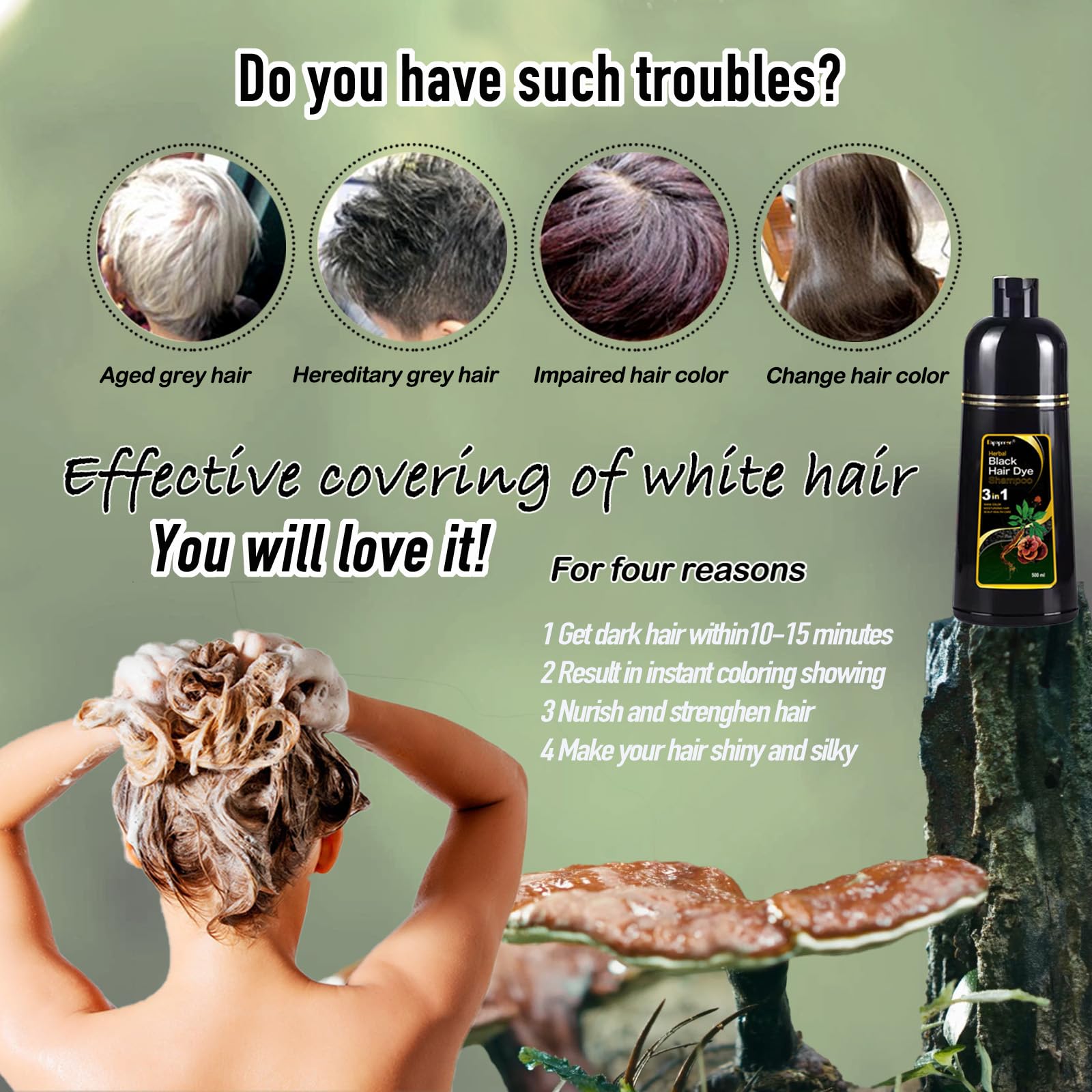 Dapoprren Black Hair Dye Shampoo 3-in-1 – Gray Coverage, Natural, Ammonia-Free