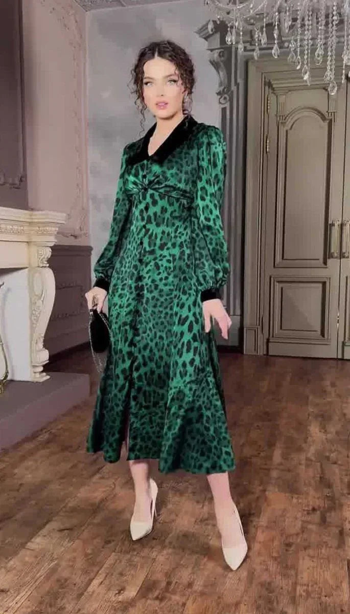 Dark Green Leopard Print Dress with Long Sleeves and Belted Waist - Sizes S to XXL