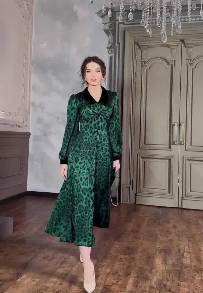 Dark Green Leopard Print Dress with Long Sleeves and Belted Waist - Sizes S to XXL