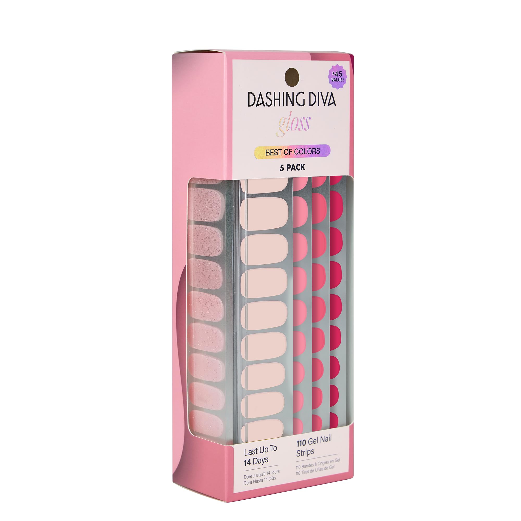 Dashing Diva Gloss Nail Strips 5-in-1 Kit - Best of Pinks | UV Free, Chip Resistant, Long-Lasting Gel Nail Strips
